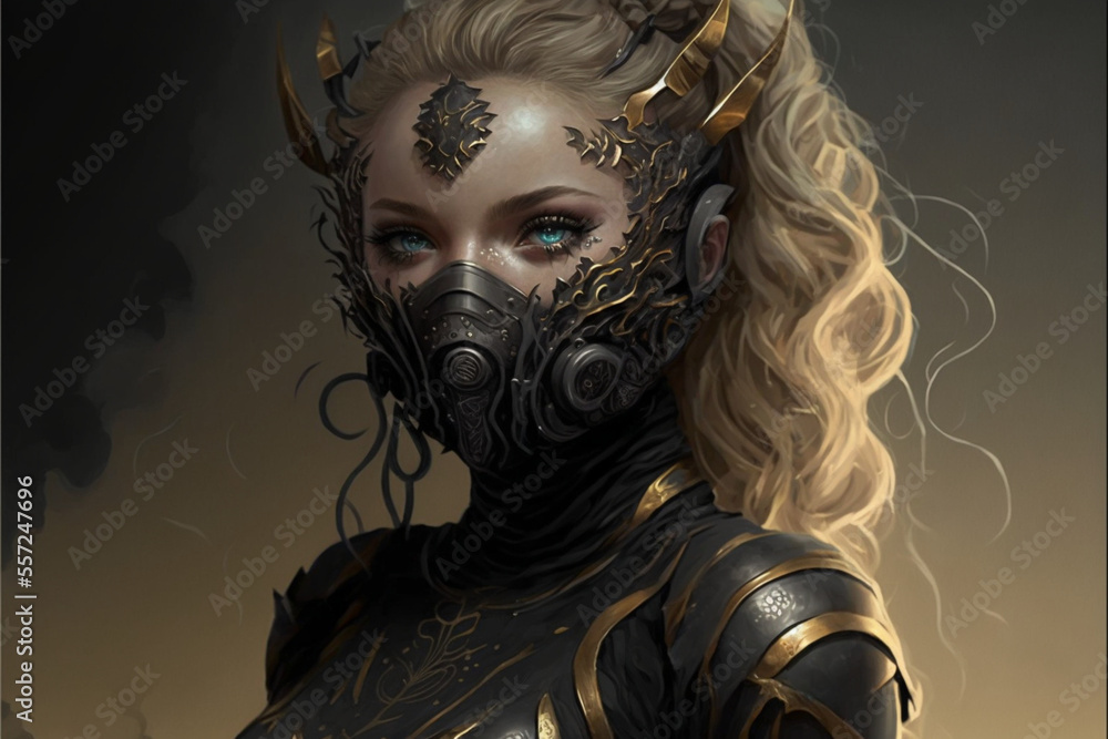 Portrait of an alien princess wearing golden armor, the face is covered with a mask and unusual eyes. Fantasy creation. Generative AI illustration