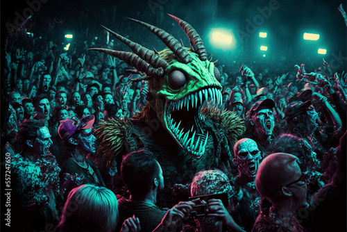 Nightmare alien monsters at the concert having fun. Overview of a crowd of monsters screaming and dancing. Generative AI illustration
