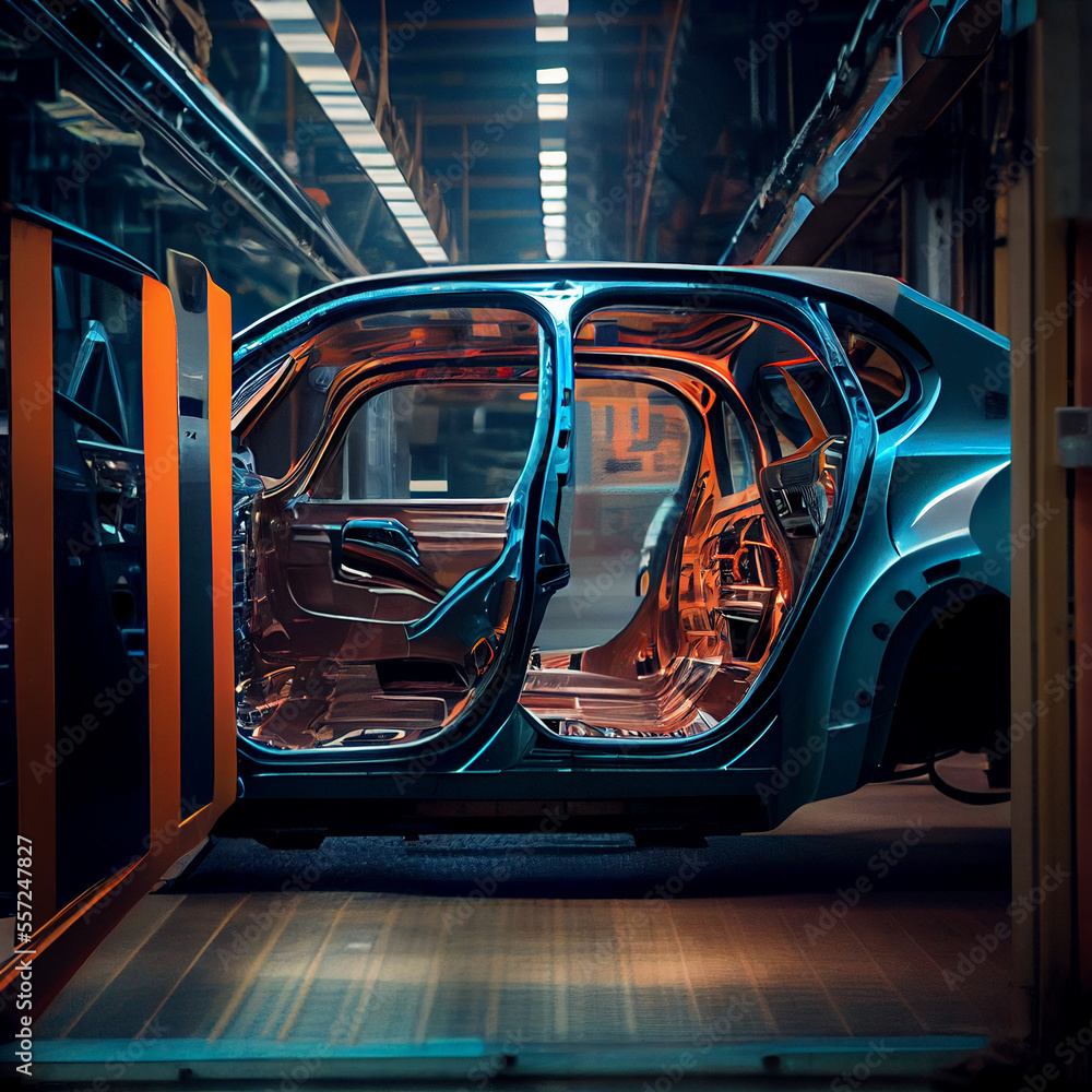 Fototapeta premium Inside a car factory, manufacturing automotive, generative ai