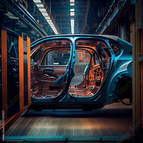 Inside a car factory, manufacturing automotive, generative ai