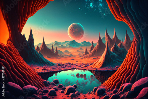 A colorful alien landscape  the fantastic nature of a distant alien planet. Generative AI illustration