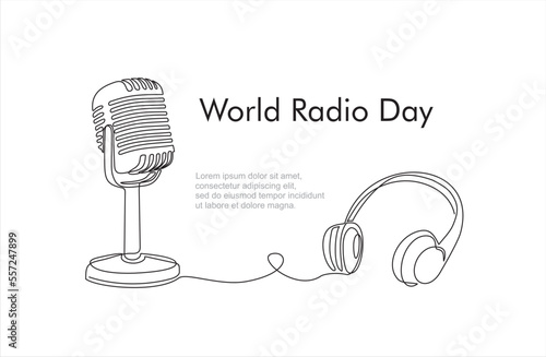 Continuous one line drawing of microphone and headphone speaker device gadget. World radio day concept. Continuous line draw design graphic vector illustration.