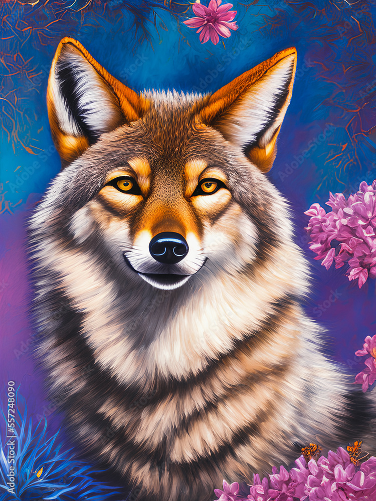 Majestic wolf animal standing proudly against a colorful backdrop. Generative AI Majestic wolf animal standing proudly against a colorful backdrop. Generative AI