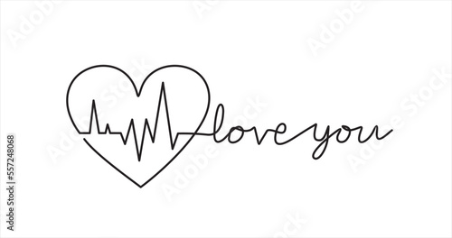 Continuous one line drawing heart pulse with inscription"love you"  logo icon,tattoo