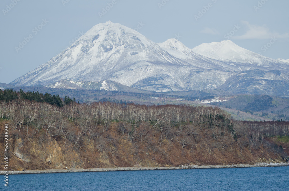 East coast of the Shiretoko Peninsula and Shiretoko Mountain Range with Mount Rausu on the left. Hokkaido. Japan.