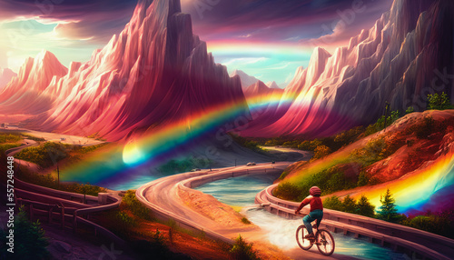 Beautiful landscape of cascading waterfalls and towering mountains, with a single cyclist riding through it on a bike. Generative AI