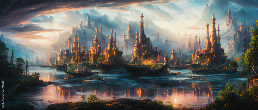 Fototapeta premium Fantastical port city, with towering spires and colorful buildings set against a misty, ethereal backdrop. The scene exudes a sense of magic and wonder. Generative AI