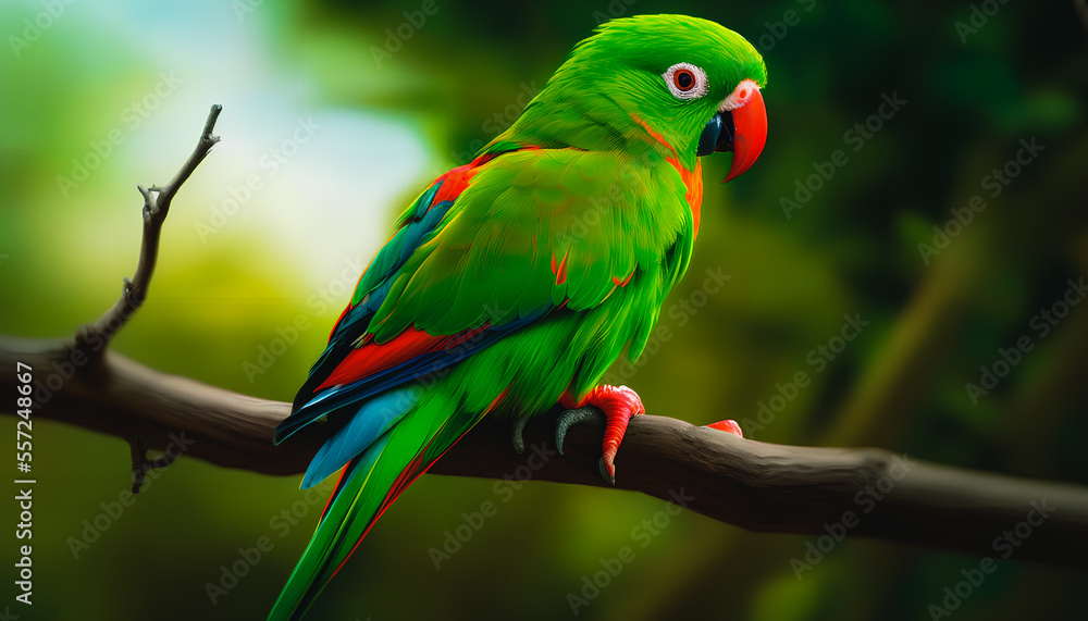 Painting of a cute parrot against a background of flowers, Generative AI