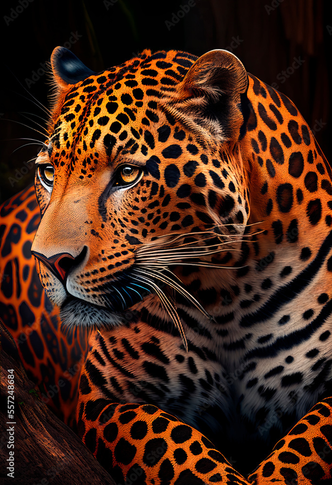 Obraz premium Leopard in the jungle. Orange jaguar. Illustration for advertising, cartoons, games, print media. My collection animals.