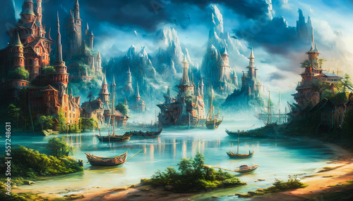 Fantastical port city, with towering spires and colorful buildings set against a misty, ethereal backdrop. The scene exudes a sense of magic and wonder. Generative AI