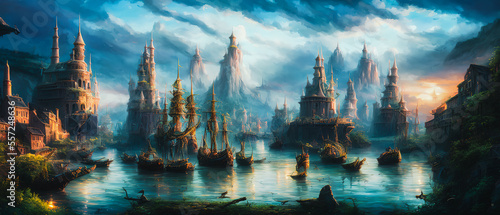 Fantastical port city, with towering spires and colorful buildings set against a misty, ethereal backdrop. The scene exudes a sense of magic and wonder. Generative AI © 4K_Heaven