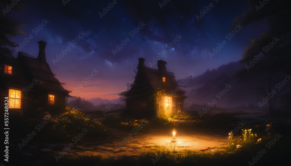 Wooden cottage, surrounded by a peaceful, serene Japanese-style garden, bathed in the soft glow of moonlight. Generative AI