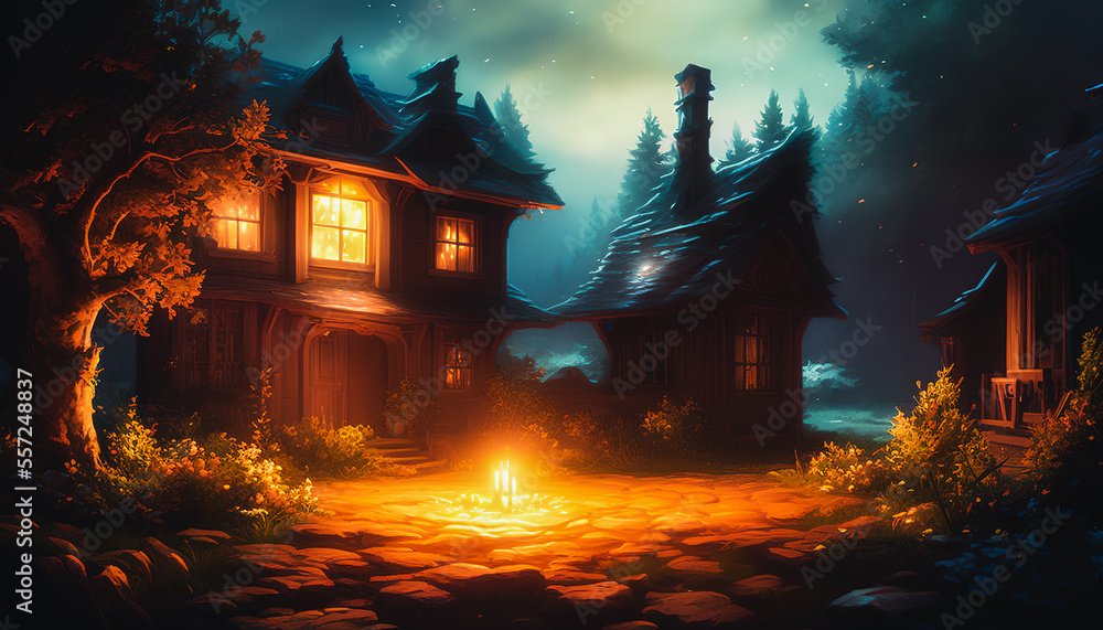 Obraz premium Wooden cottage, surrounded by a peaceful, serene Japanese-style garden, bathed in the soft glow of moonlight. Generative AI