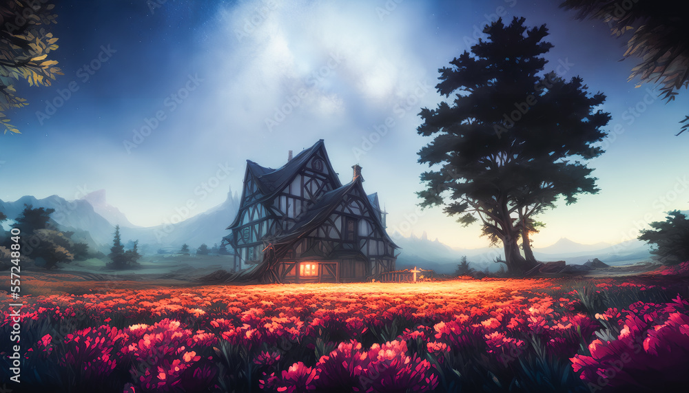 Naklejka premium Wooden cottage, surrounded by a peaceful, serene Japanese-style garden, bathed in the soft glow of moonlight. Generative AI