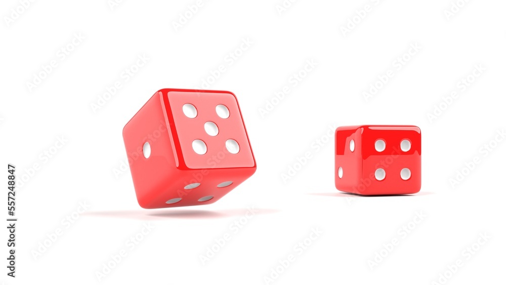red dice falling on white background 3d representation, can be used to represent casino games, probability, ludopathy or gambling red dice falling on white background 3d representation, can be used to represent casino games, probability, ludopathy or gambling