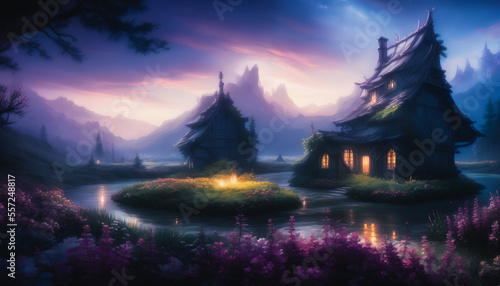 Wooden cottage  surrounded by a peaceful  serene Japanese-style garden  bathed in the soft glow of moonlight. Generative AI