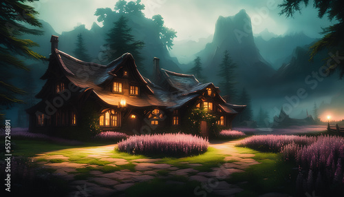 Wooden cottage  surrounded by a peaceful  serene Japanese-style garden  bathed in the soft glow of moonlight. Generative AI