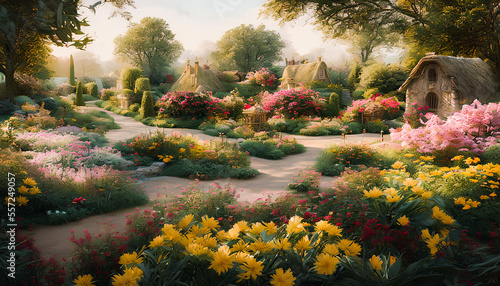 Majestic summer garden, bursting with vibrant, colorful flowers and lush, green foliage, that stretches out in front of a quaint wooden cottage.. Generative AI