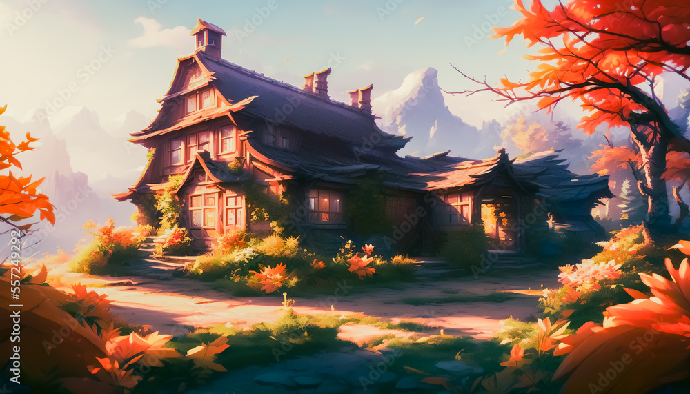 Concept of an old small village, houses in background, Generative AI Concept of an old small village, houses in background, Generative AI