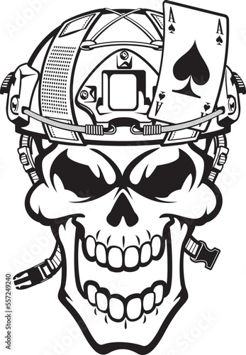 Grinning skull wearing military helmet with attached ace of spades card