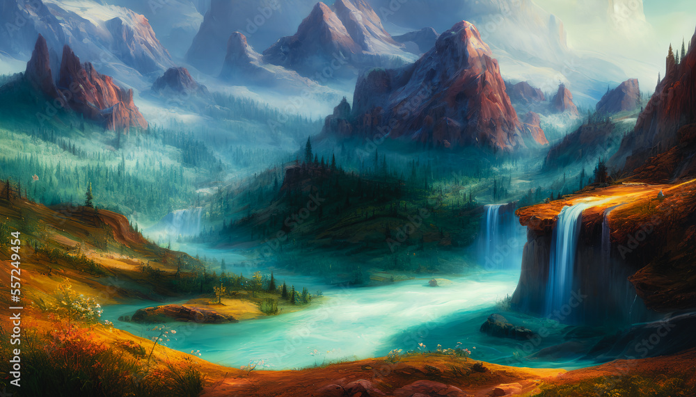 Majestic painting of a waterfall landscape, Generative AI