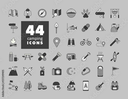 Camping, Hiking and Outdoor Activities icons set