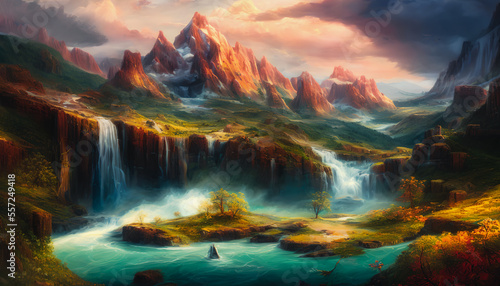 Majestic painting of a waterfall landscape  Generative AI