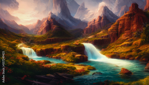 Majestic painting of a waterfall landscape, Generative AI