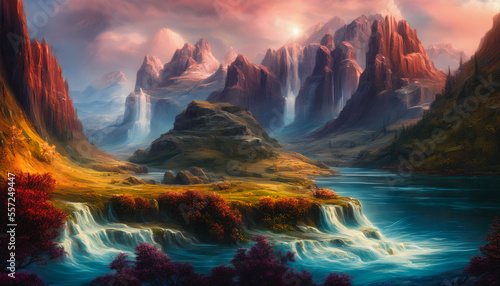 Majestic painting of a waterfall landscape, Generative AI © 4K_Heaven
