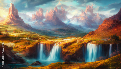 Majestic painting of a waterfall landscape  Generative AI