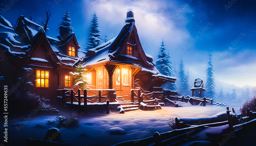 Obraz premium Painting of a beautiful winter house, background illustration.Generative AI