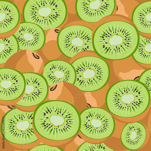 Summer seamless pattern with kiwi fruit. Graphic design for prints, packaging, textiles, bedding, clothing and wallpaper. Food, markets and shops.