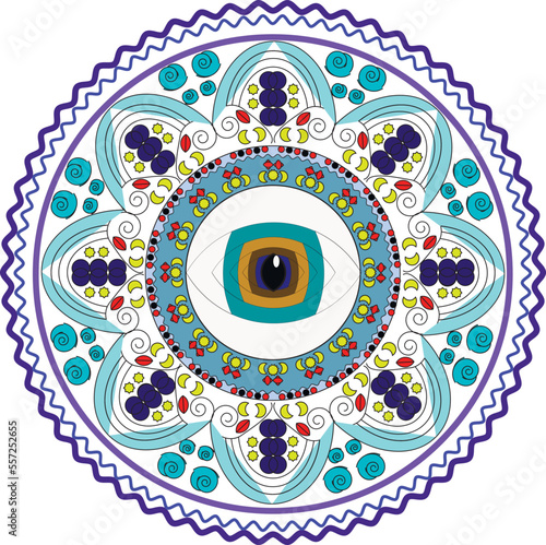 Mandala vector design element, round ornament decoration with an eye in center, all-seeing eye, vintage decorative elements. Aboriginal folk art mandala, ethnic mandala, oriental pattern illustration