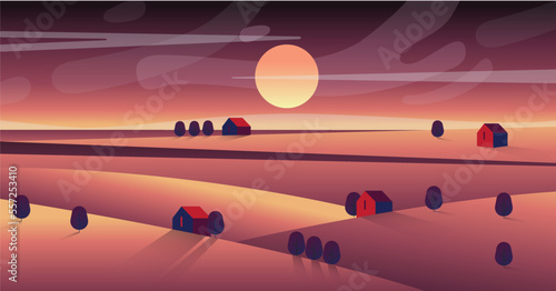 The landscape of the countryside village at the sunset with houses, trees, red sky