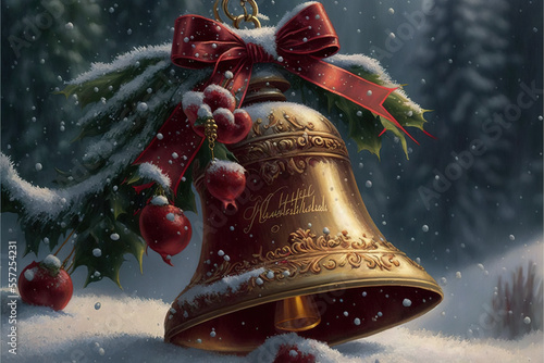 Christmas jingle bells, golden with red ribbon, red fruits, and snow. Digital painting style, digital art illustration. photo