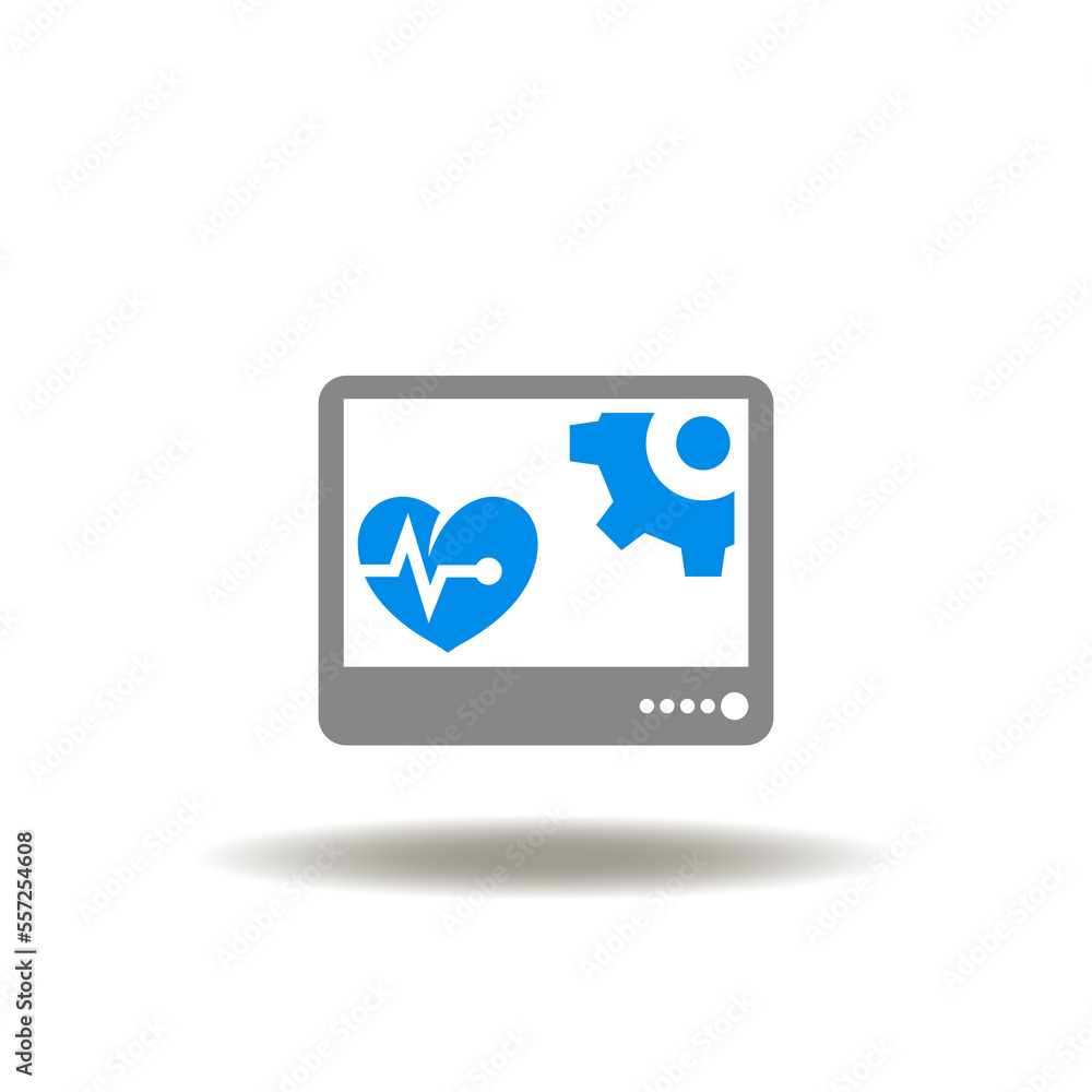 Vector illustration of computer monitor with heart pulse and gear wheel. Icon of medical display patient health control. Symbol of medicine computer. Sign of MDR. Vector illustration of computer monitor with heart pulse and gear wheel. Icon of medical display patient health control. Symbol of medicine computer. Sign of MDR.