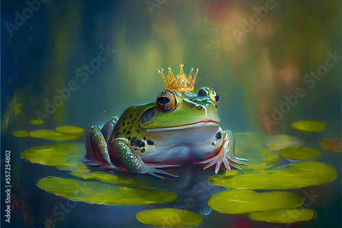 Enchanted Cute Frog on Lilly Pad. Generative ai © Anna Hoychuk