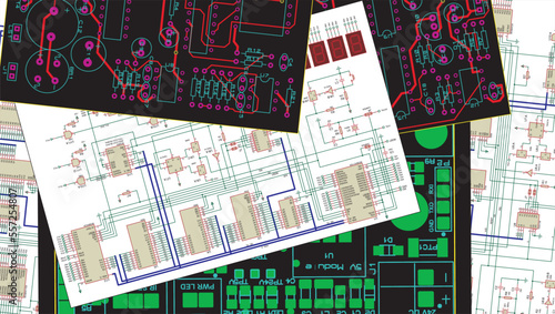 Schematic background.
Drawings of electronic device. Design documentation.
Vector electrical schematic diagram of an digital electronic device.
Conductor tracing. Placement of components on the board.