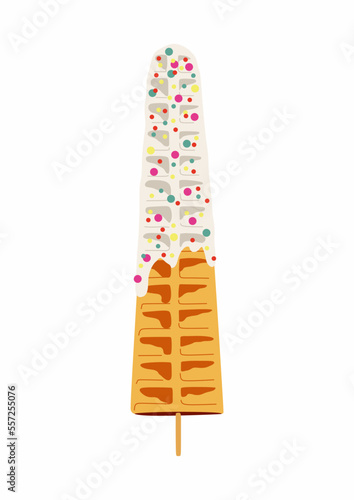 Sweet food and dessert food, vector illustration of golden brown homemade corn dog or hot dog waffle on a stick in various flavors decorations and white chocolate.