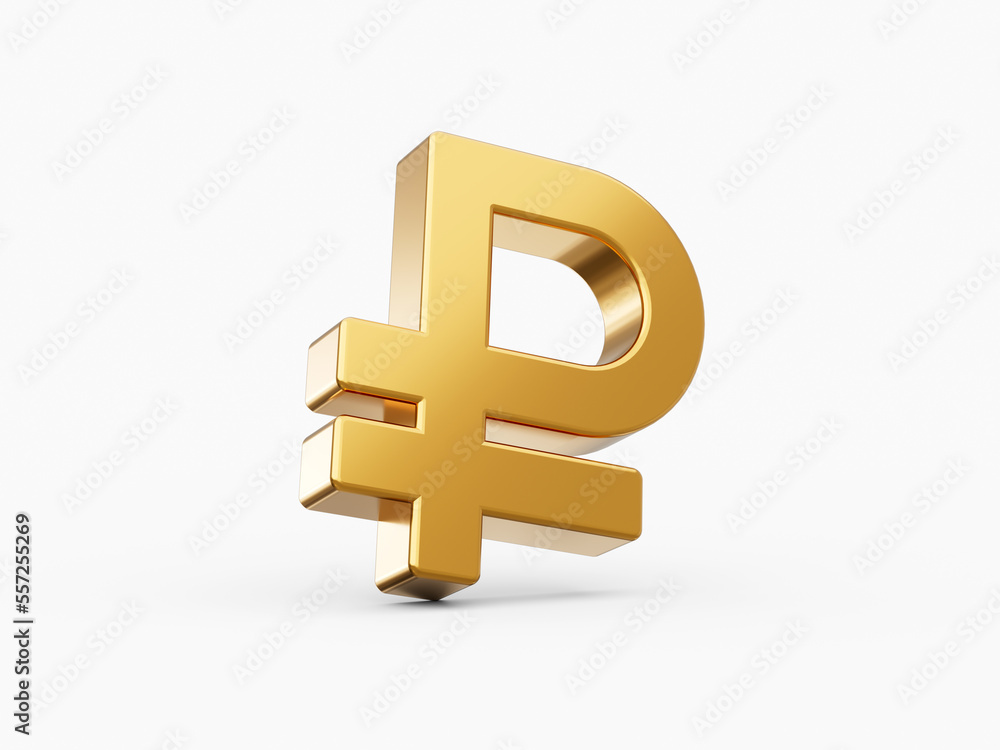 Fototapeta premium Shiny golden Russian Ruble currency symbol. 3d illustration isolated on white background