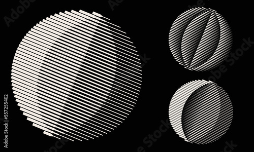 Circles set with parallel lines as logo or icon. White minimal geometry over black background.