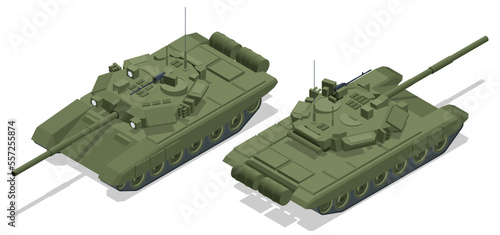 Isometric Main battle tank. The T-90 is a third-generation Russian main battle tank. It uses a 125 mm 2A46 smoothbore main gun. Russian military tank T-90