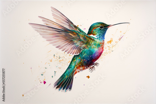  a vibrant watercolor painting of a hummingbird in flight against a white background The bird is depicted in a variety of colors, including blues, greens, yellows, 