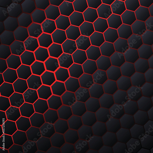 Abstract hexagonal background with red light. Cyber game backdrop.