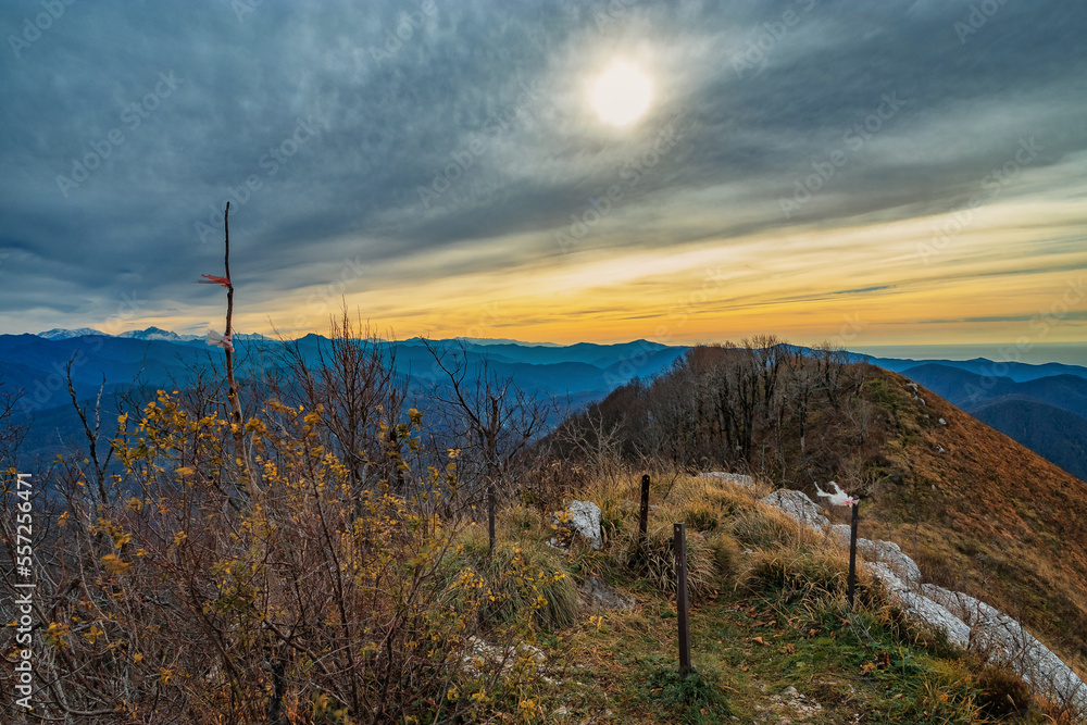View from a height of 1000 m on the mountain peaks of the Black Sea coast of the Caucasus. View at dawn from the top of Mount Peus in the North-Western Caucasus. View from a height of 1000 m on the mountain peaks of the Black Sea coast of the Caucasus. View at dawn from the top of Mount Peus in the North-Western Caucasus.