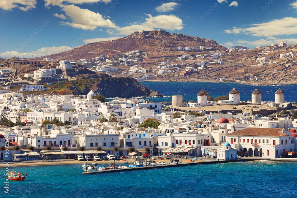 The famous windmills and the port of Mykonos, Greece