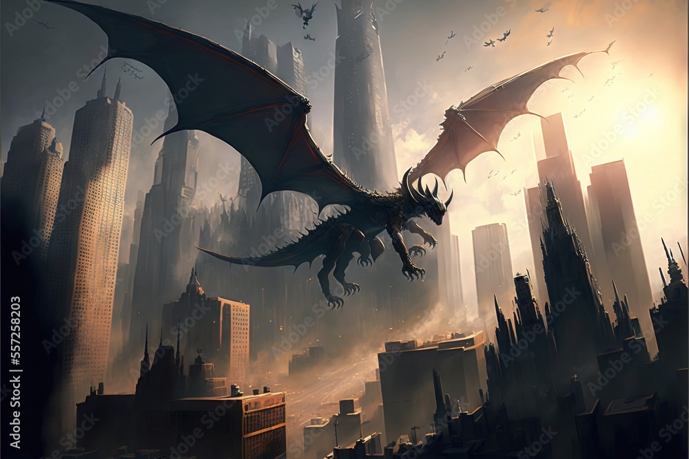 a dragon flying over a city in a fantasy setting with skyscrapers and ...