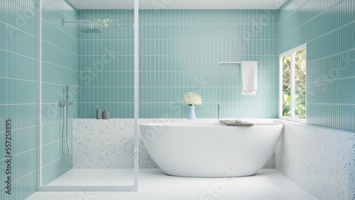 3D rendering White Bathtub With Green Tile And White Terrazo