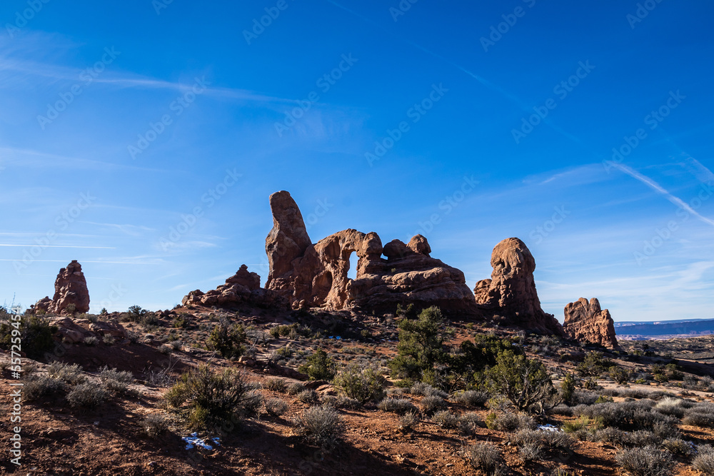 Desert rock arches from Arches National Park in the US state of Utah.
