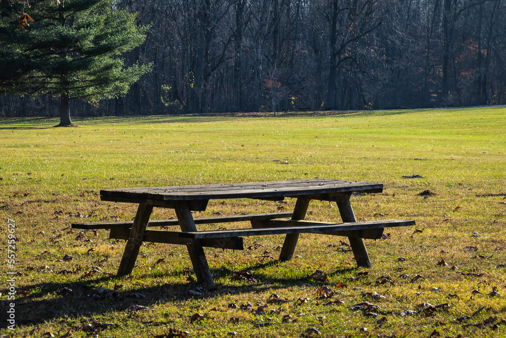 Old picnic tables in a park in the late fall with the sun casting shadows. Old picnic tables in a park in the late fall with the sun casting shadows.
